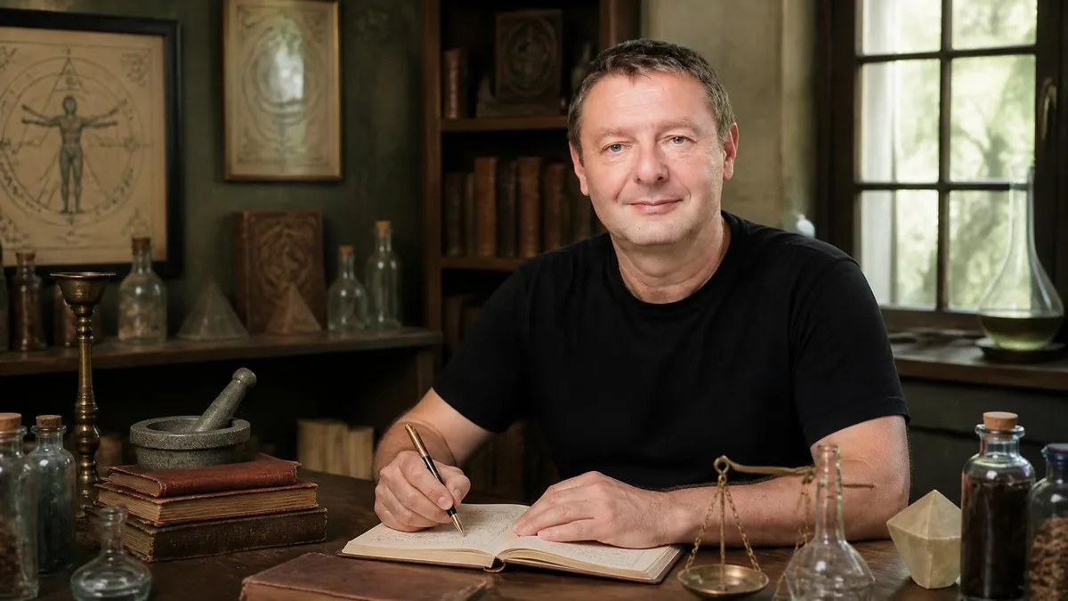 Patrick Burensteinas assis à son bureau entouré d'instruments d'alchimie et de livres anciens