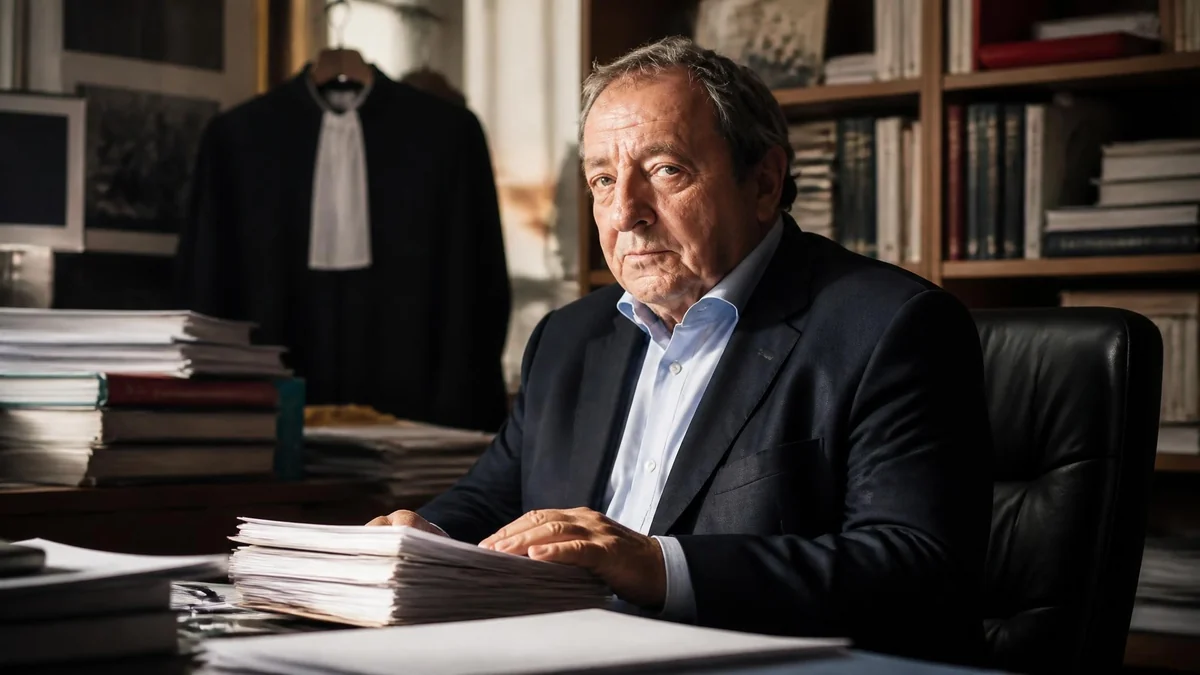 Portrait de l'avocat Patrick Maisonneuve assis à son bureau entouré de dossiers dans son cabinet