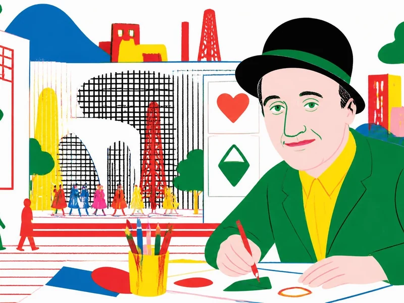 Illustration colorée montrant l'artiste Paul Cox en train de dessiner dans un univers graphique et ludique