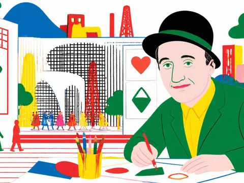 Illustration colorée montrant l'artiste Paul Cox en train de dessiner dans un univers graphique et ludique