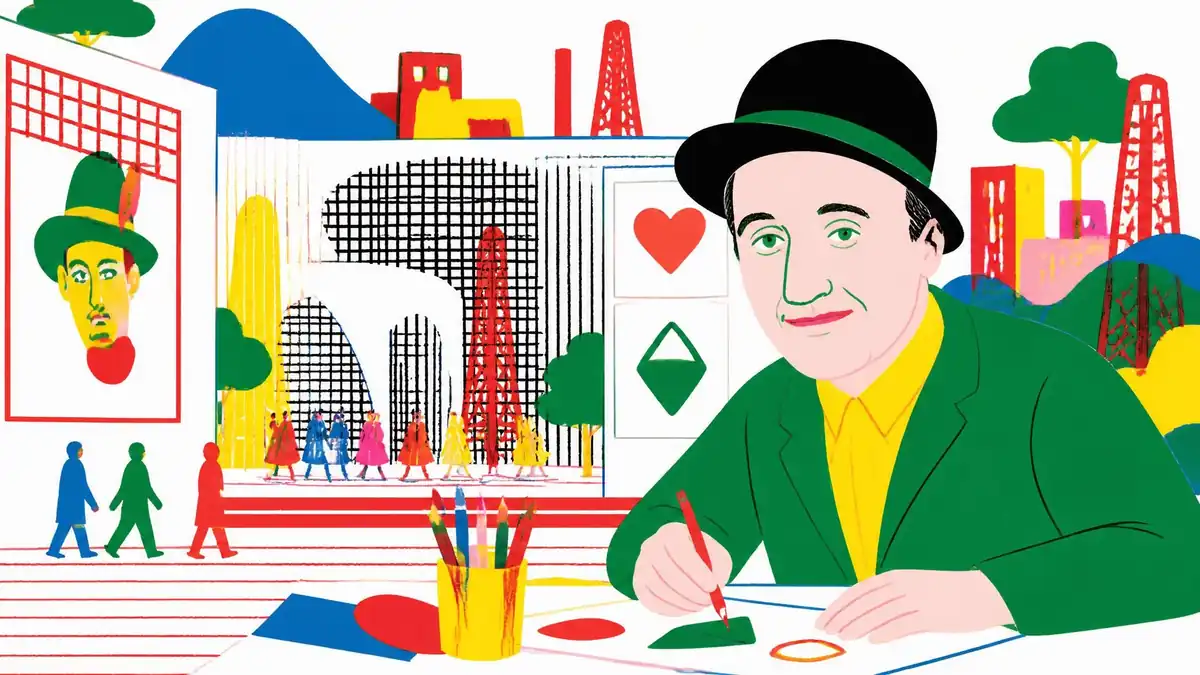 Illustration colorée montrant l'artiste Paul Cox en train de dessiner dans un univers graphique et ludique