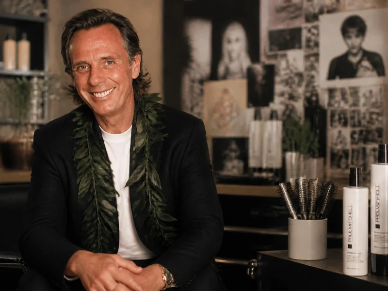 Un homme souriant pose dans un salon de coiffure entouré de produits de la marque Paul Mitchell