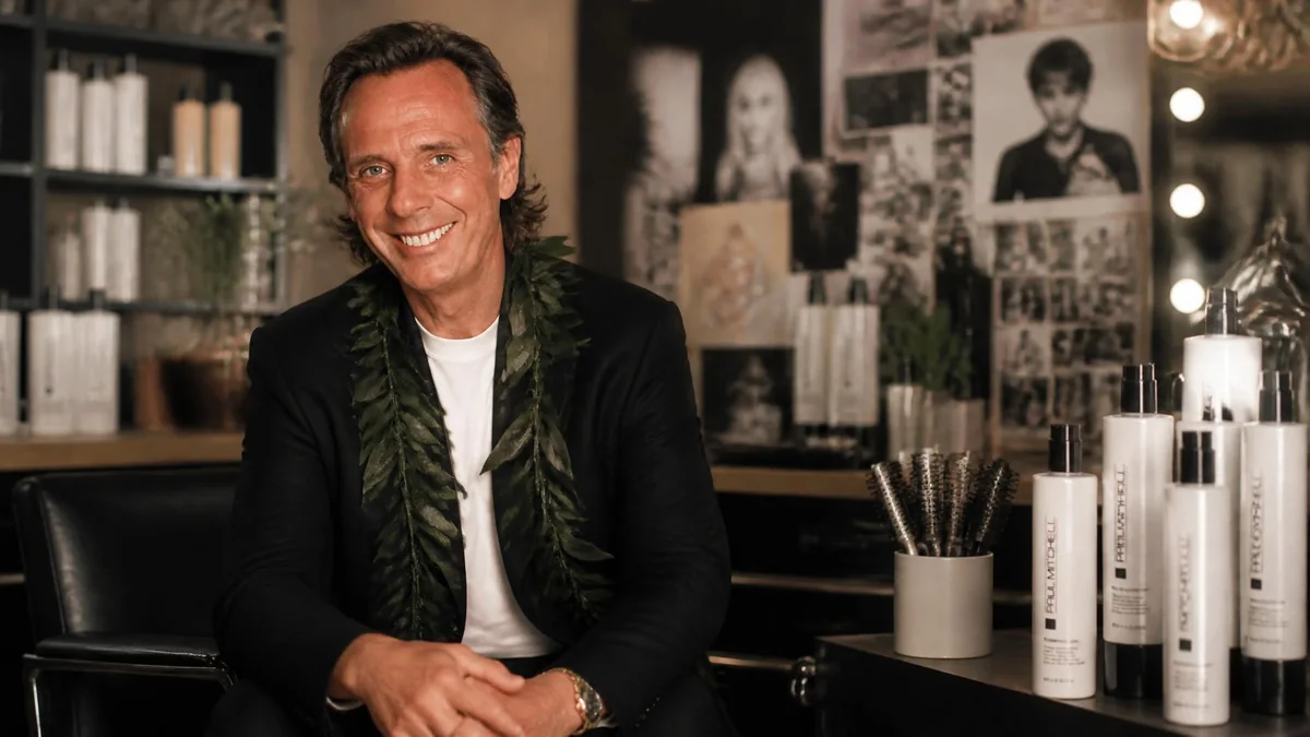 Un homme souriant pose dans un salon de coiffure entouré de produits de la marque Paul Mitchell