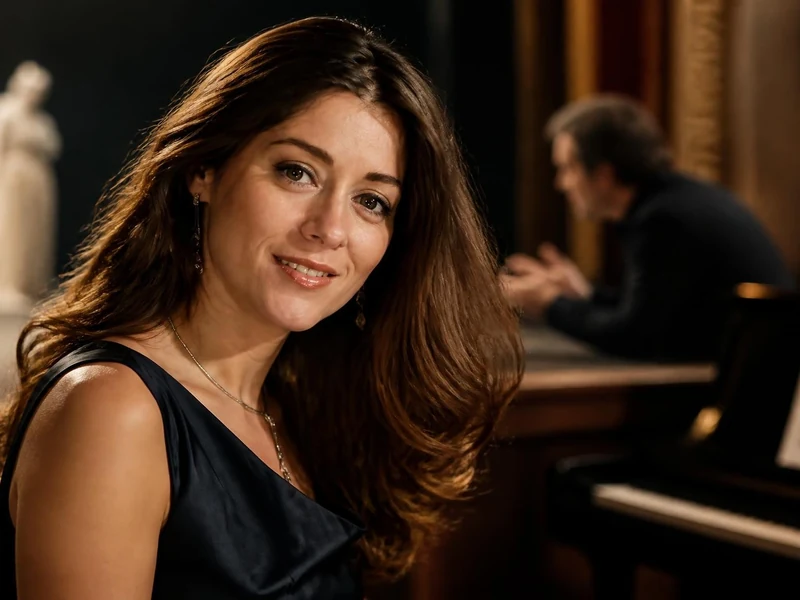 Pauline Courtin pose avec élégance dans un théâtre devant un piano à queue
