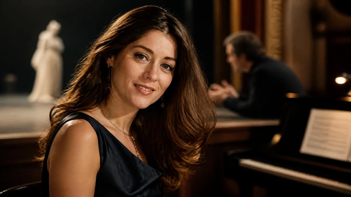 Pauline Courtin pose avec élégance dans un théâtre devant un piano à queue