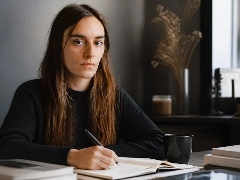 Portrait de l'autrice Pauline Peyrade assise à son bureau en train d'écrire dans un carnet