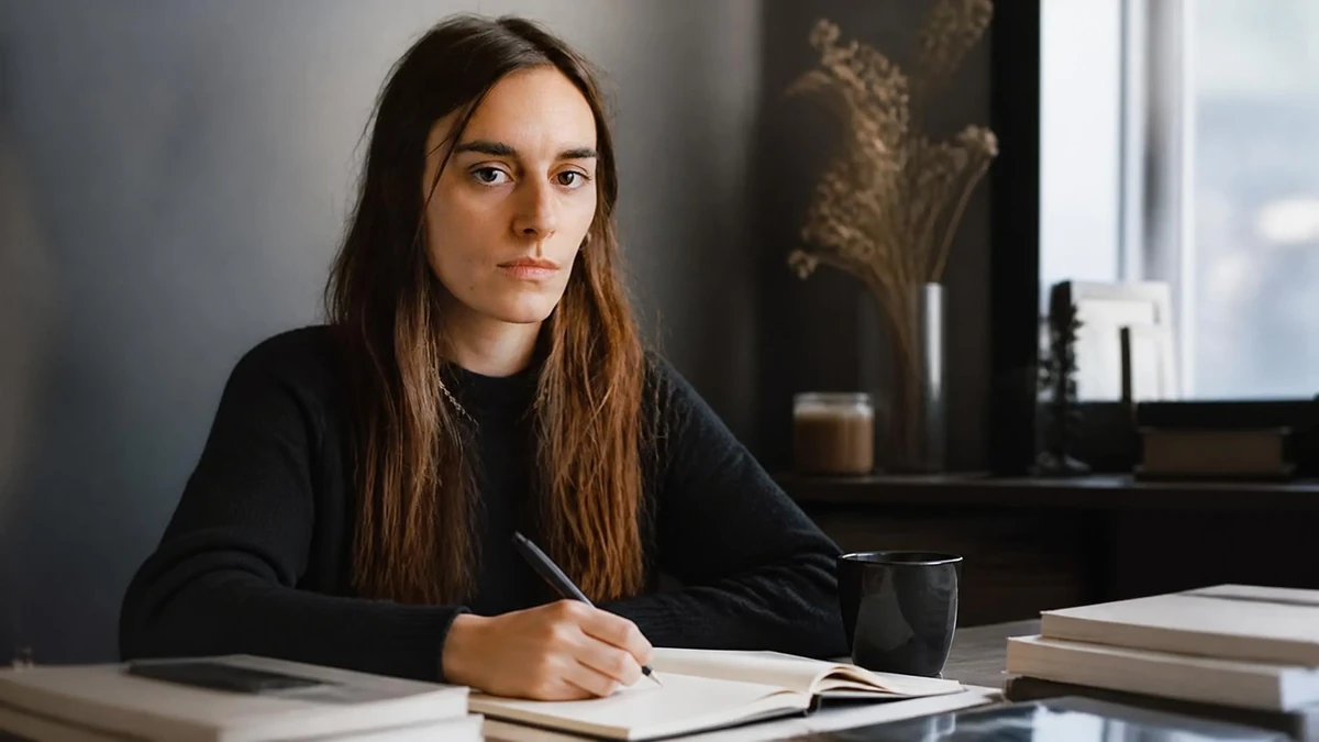 Portrait de l'autrice Pauline Peyrade assise à son bureau en train d'écrire dans un carnet