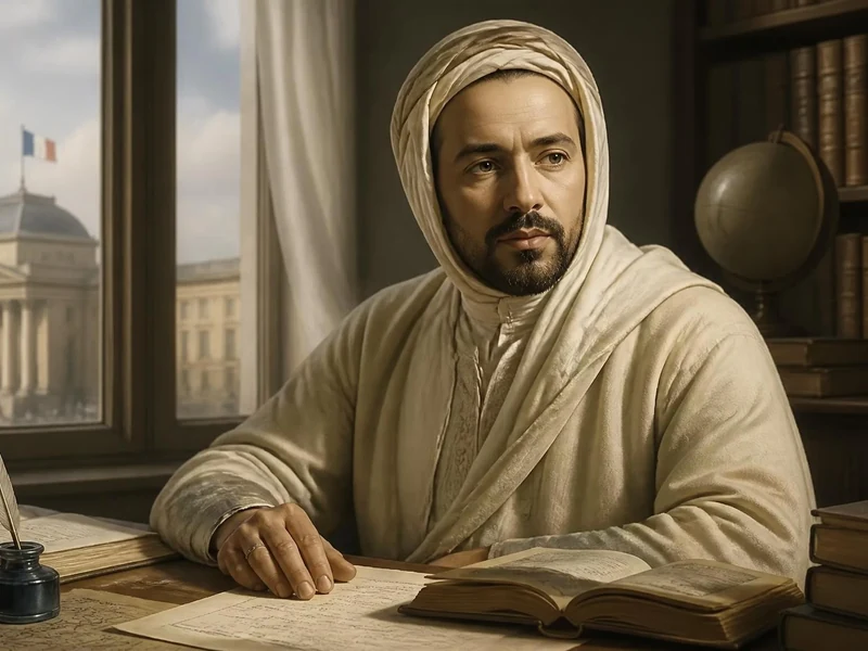 Portrait de Philippe Grenier en tenue traditionnelle travaillant à son bureau devant une vue de l'Assemblée nationale