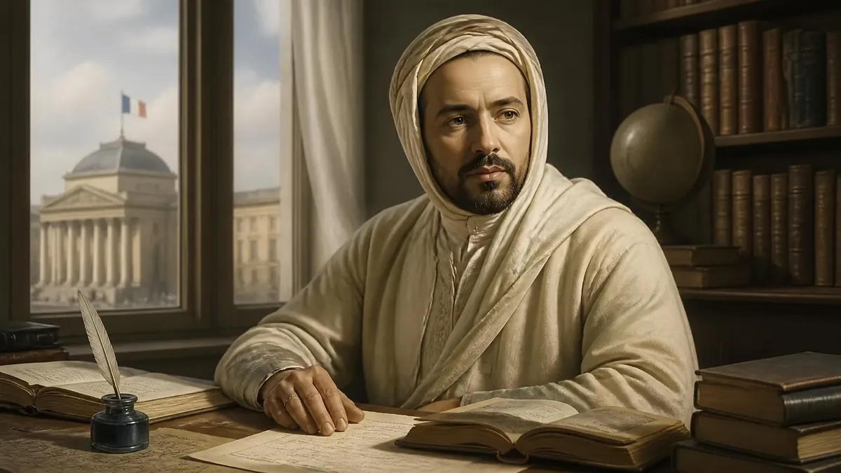 Portrait de Philippe Grenier en tenue traditionnelle travaillant à son bureau devant une vue de l'Assemblée nationale