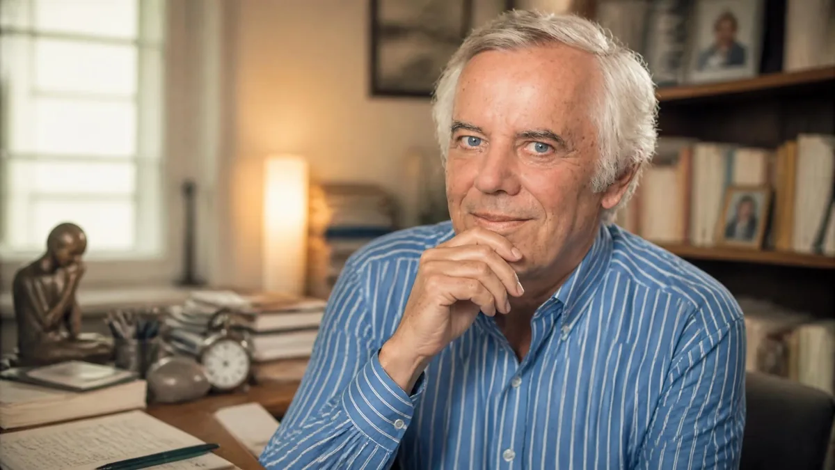Portrait de l'écrivain et psychanalyste Philippe Grimbert posant dans son bureau studieux
