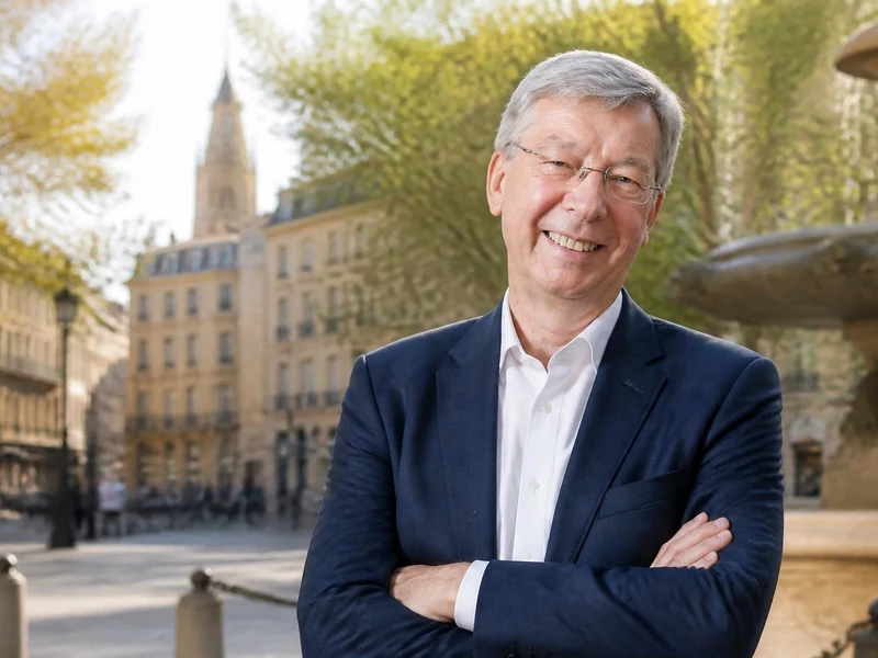 Portrait souriant de Philippe Klein posant devant une fontaine au cœur d'Aix-en-Provence