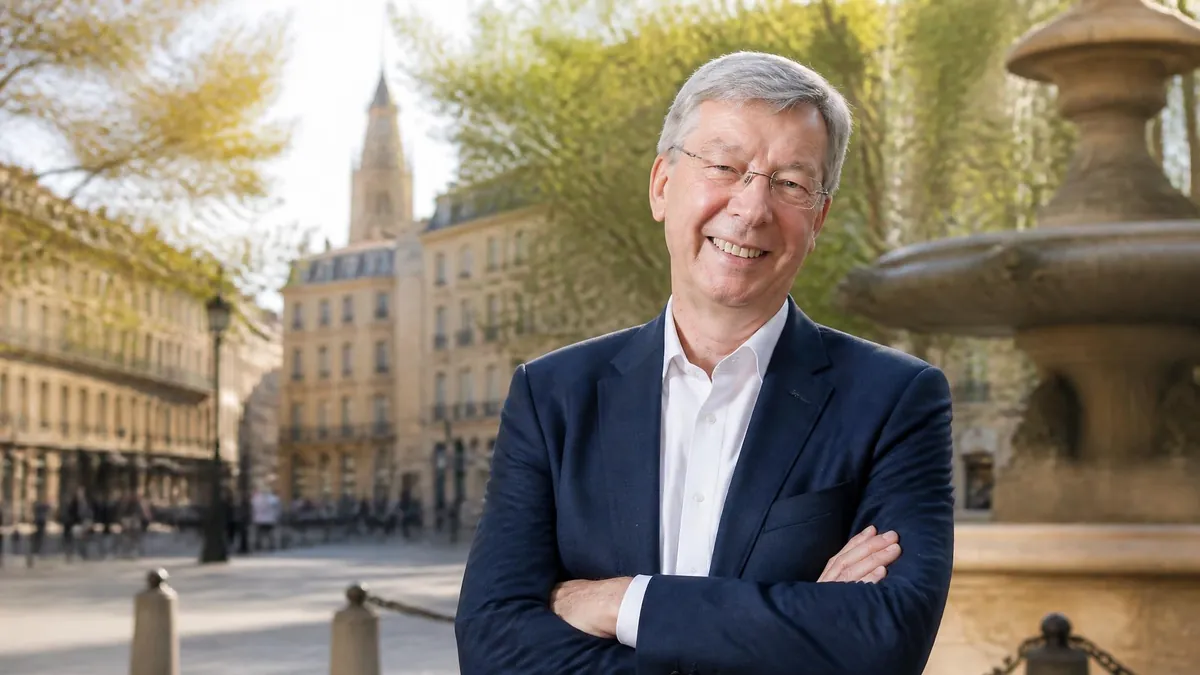 Portrait souriant de Philippe Klein posant devant une fontaine au cœur d'Aix-en-Provence