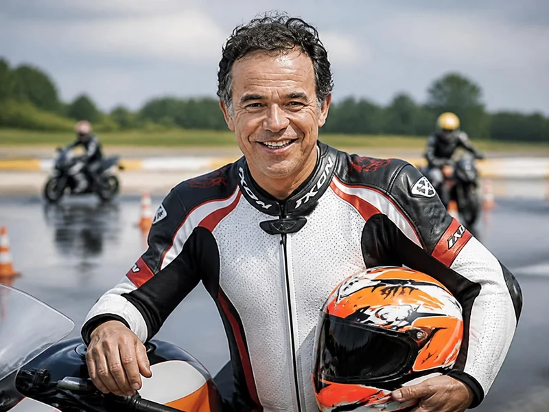 Philippe Monneret pose en tenue de pilote de moto sur une piste d'entraînement avec des élèves en arrière-plan