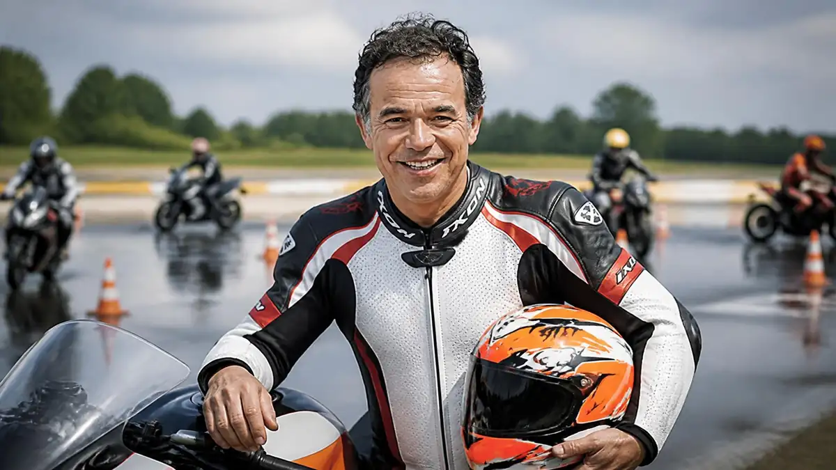 Philippe Monneret pose en tenue de pilote de moto sur une piste d'entraînement avec des élèves en arrière-plan