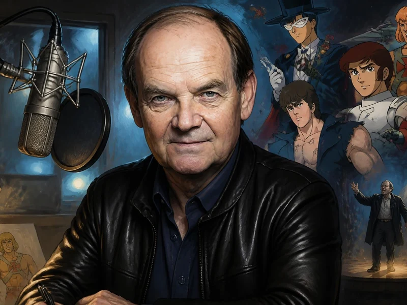 Portrait du comédien Philippe Ogouz entouré de personnages emblématiques qu'il a doublés dans un studio d'enregistrement