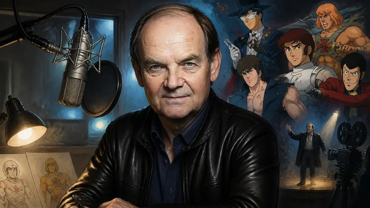Portrait du comédien Philippe Ogouz entouré de personnages emblématiques qu'il a doublés dans un studio d'enregistrement