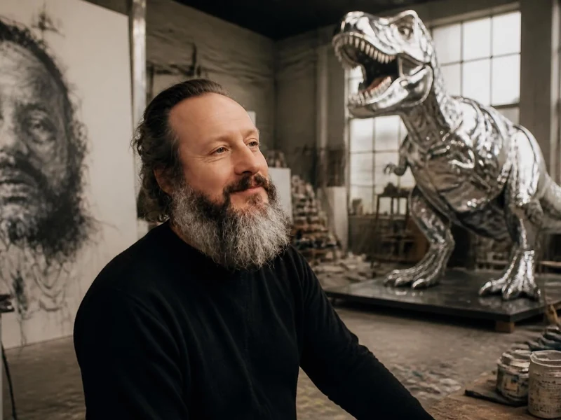 L'artiste Philippe Pasqua dans son atelier entouré de ses œuvres, une peinture de portrait et une sculpture de dinosaure