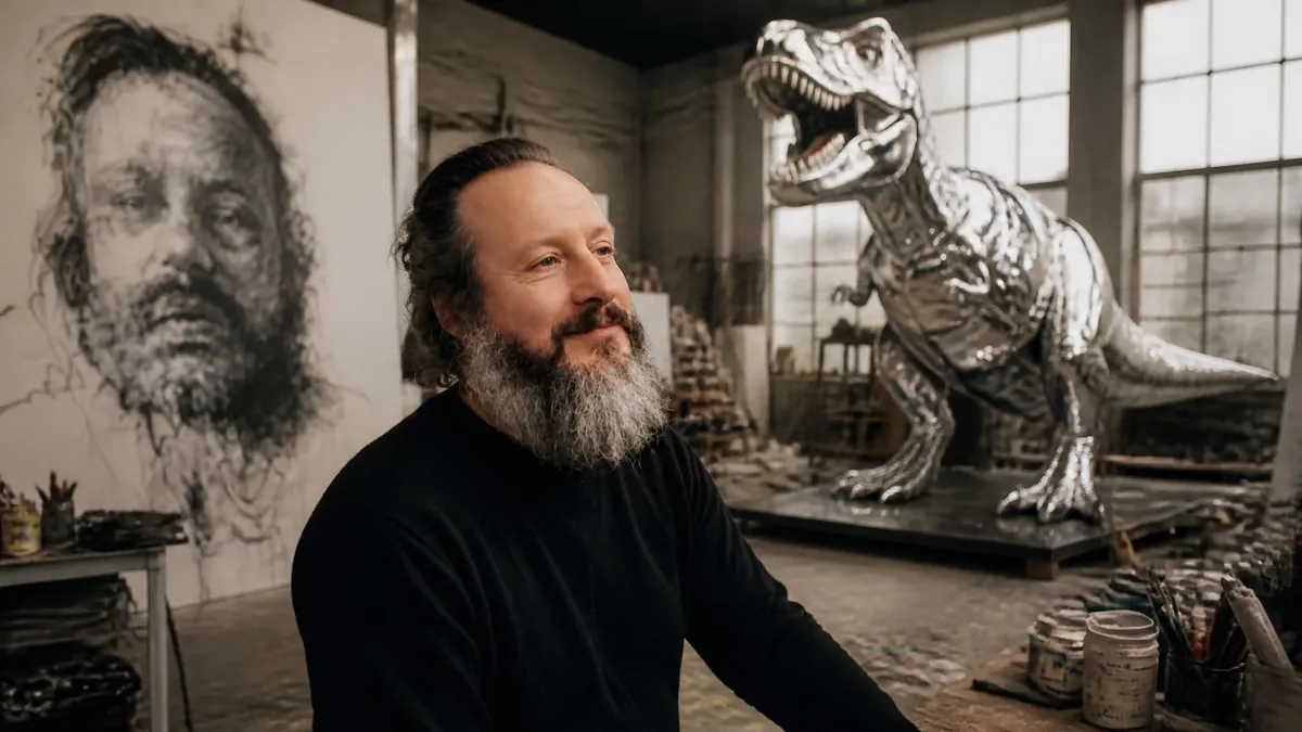 L'artiste Philippe Pasqua dans son atelier entouré de ses œuvres, une peinture de portrait et une sculpture de dinosaure