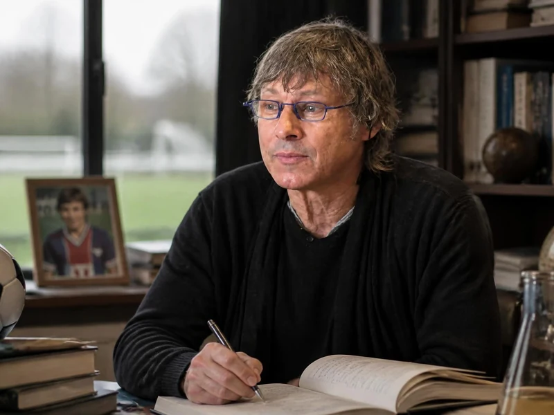 Philippe Redon assis à son bureau avec un ballon de football et des livres illustrant son double parcours