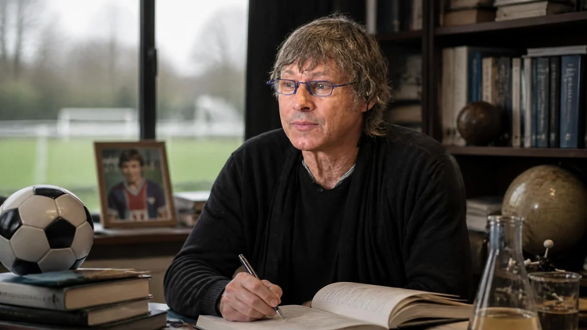 Philippe Redon assis à son bureau avec un ballon de football et des livres illustrant son double parcours