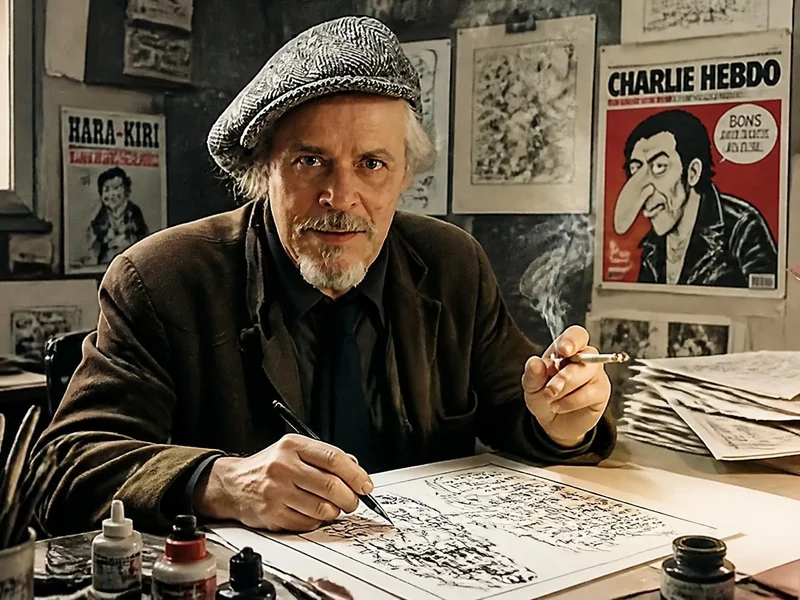Le dessinateur Philippe Vuillemin travaille à son bureau, entouré de ses outils et de ses dessins dans son atelier