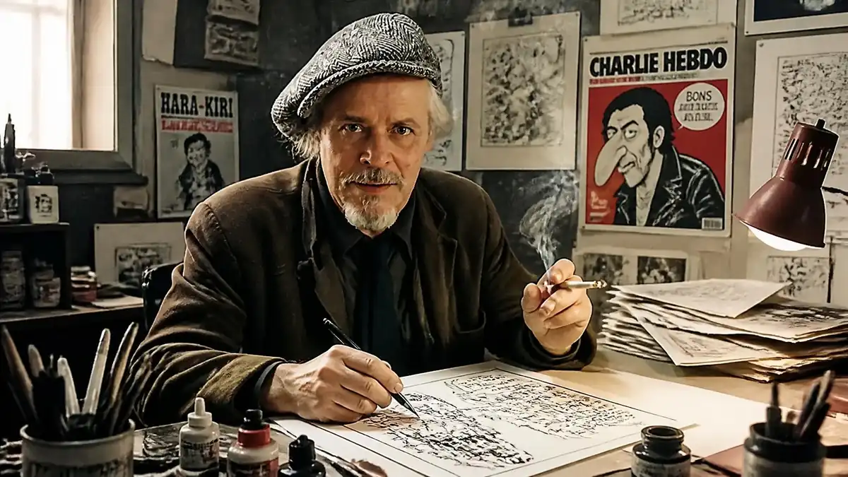 Le dessinateur Philippe Vuillemin travaille à son bureau, entouré de ses outils et de ses dessins dans son atelier