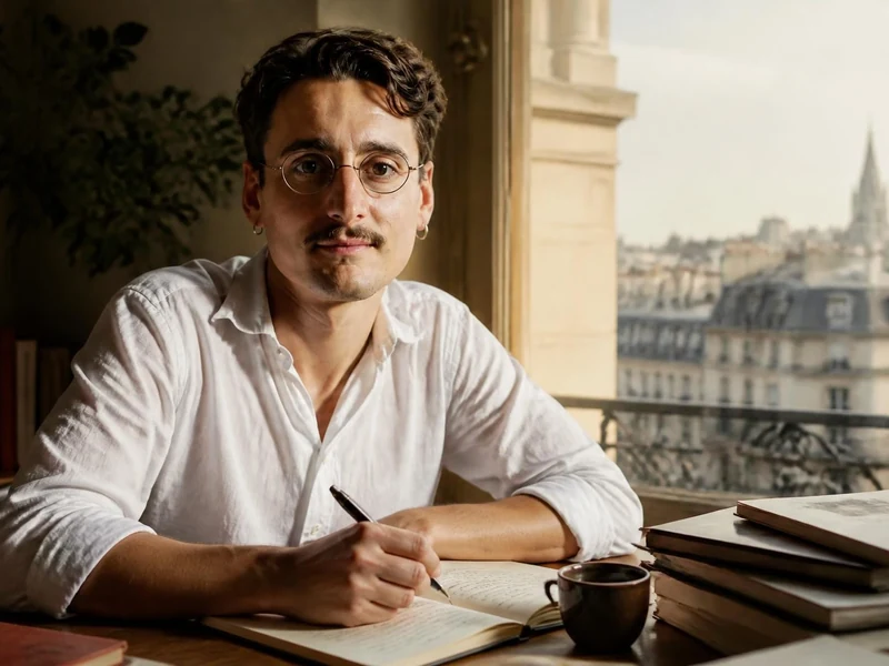 L'écrivain Pierre Adrian assis à son bureau en train d'écrire face à une fenêtre donnant sur les toits de Paris