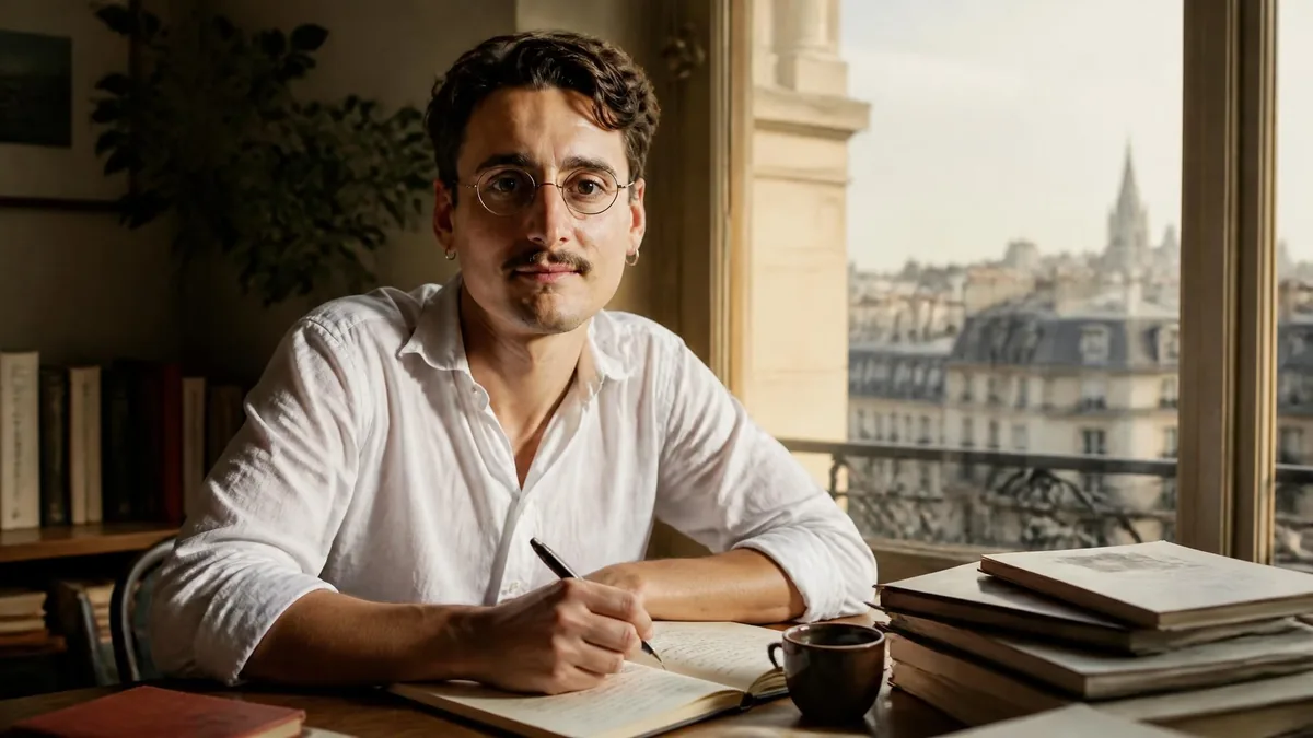 L'écrivain Pierre Adrian assis à son bureau en train d'écrire face à une fenêtre donnant sur les toits de Paris