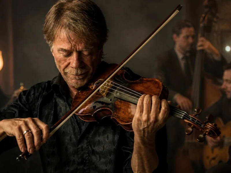 Pierre Blanchard joue intensément du violon entouré de ses musiciens dans une ambiance de jazz feutrée