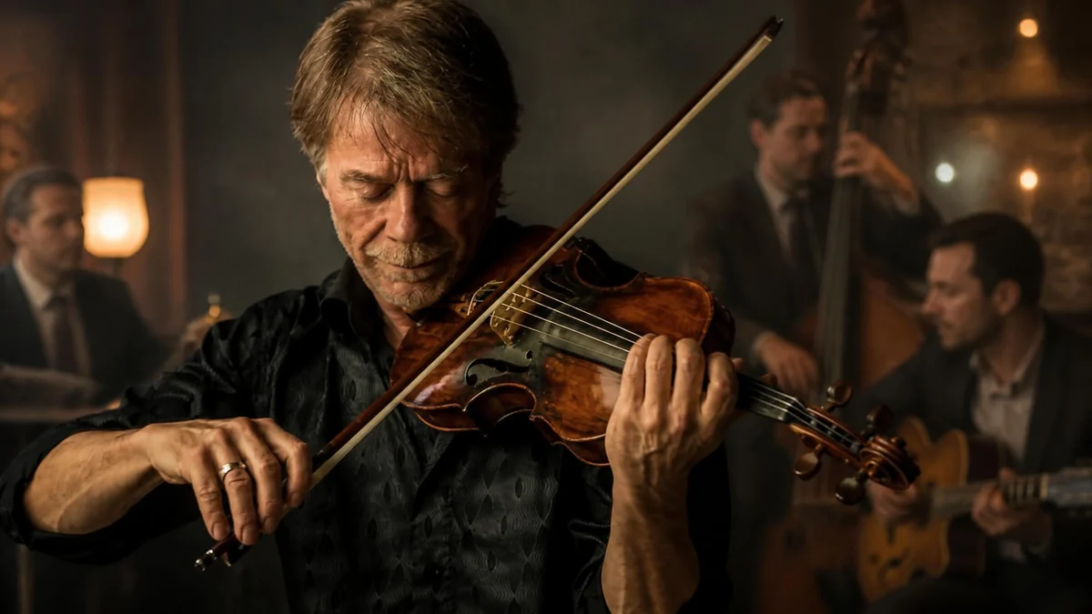 Pierre Blanchard joue intensément du violon entouré de ses musiciens dans une ambiance de jazz feutrée