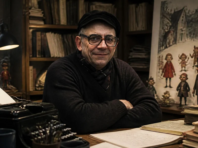 Portrait de l'écrivain Pierre Gripari assis à son bureau entouré de ses personnages de contes