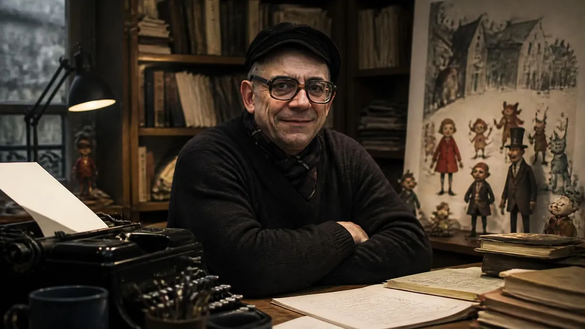 Portrait de l'écrivain Pierre Gripari assis à son bureau entouré de ses personnages de contes