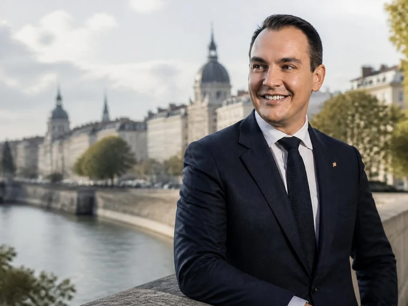 Portrait souriant de Pierre Olivier posant en costume sur les quais de Saône à Lyon