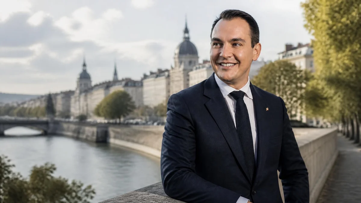 Portrait souriant de Pierre Olivier posant en costume sur les quais de Saône à Lyon