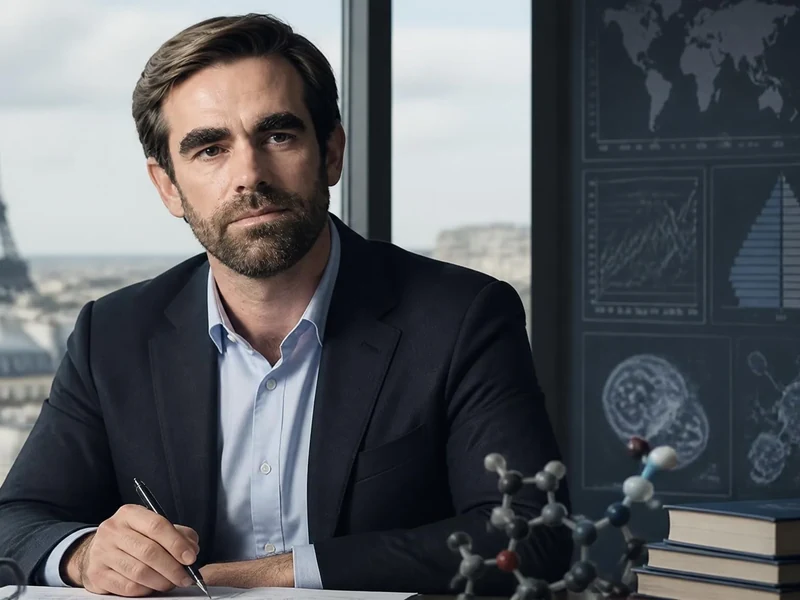 Portrait de l'économiste Pierre Sabatier travaillant à son bureau avec la tour Eiffel en arrière-plan