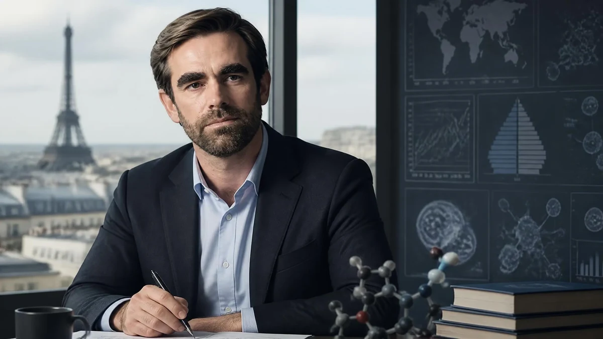 Portrait de l'économiste Pierre Sabatier travaillant à son bureau avec la tour Eiffel en arrière-plan