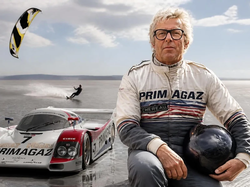 Le pilote Pierre Yver pose avec son casque devant une voiture de course sur une étendue d'eau avec un kitesurfeur en fond