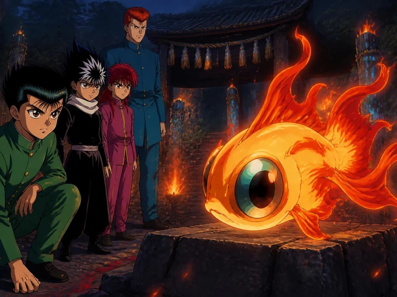 Les personnages du manga Yu Yu observent une créature ressemblant à un poisson de feu sur un socle en pierre