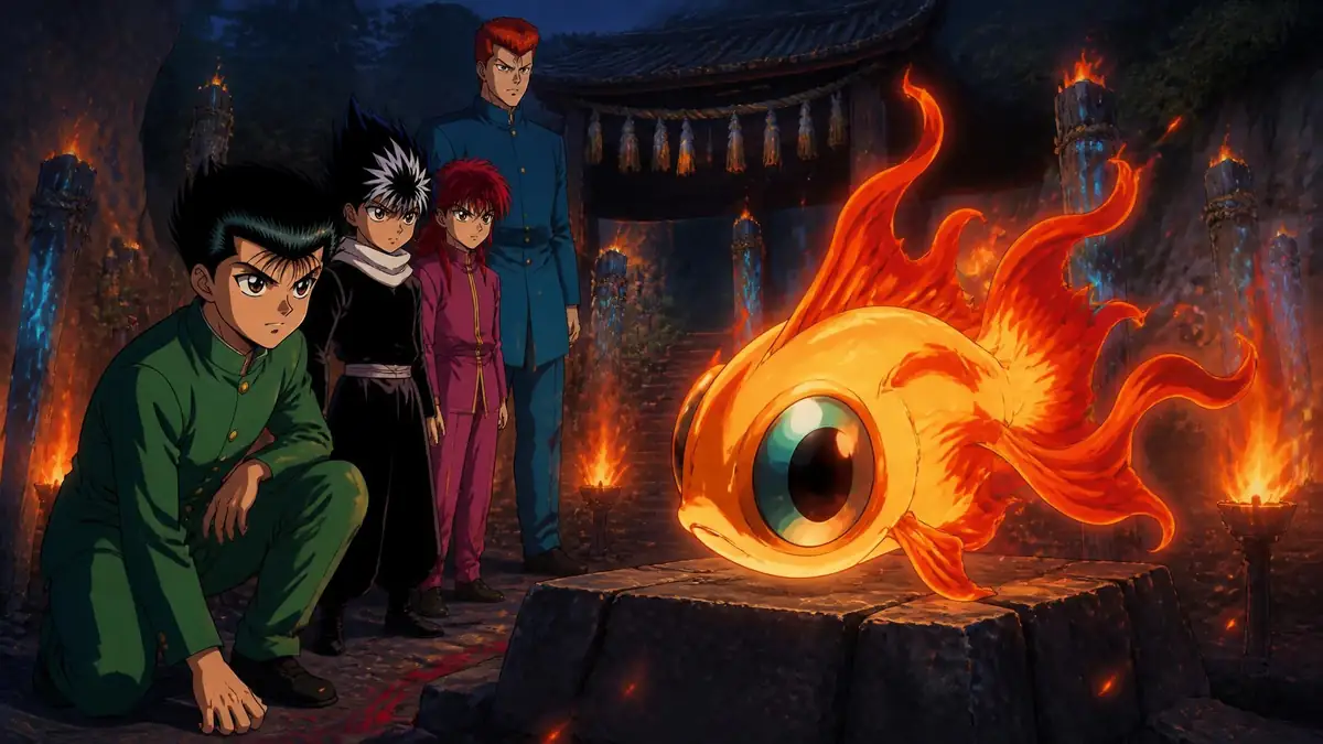 Les personnages du manga Yu Yu observent une créature ressemblant à un poisson de feu sur un socle en pierre
