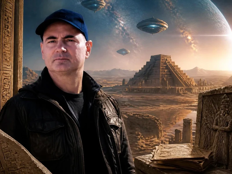 Portrait de l'écrivain Anton Parks devant un paysage antique avec des pyramides et des vaisseaux spatiaux