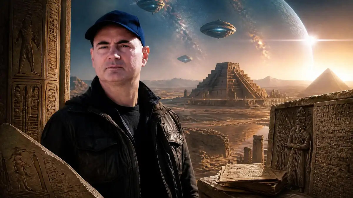 Portrait de l'écrivain Anton Parks devant un paysage antique avec des pyramides et des vaisseaux spatiaux