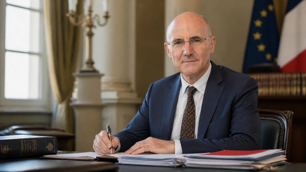 Portrait de Christophe Soulard assis à son bureau devant des dossiers officiels
