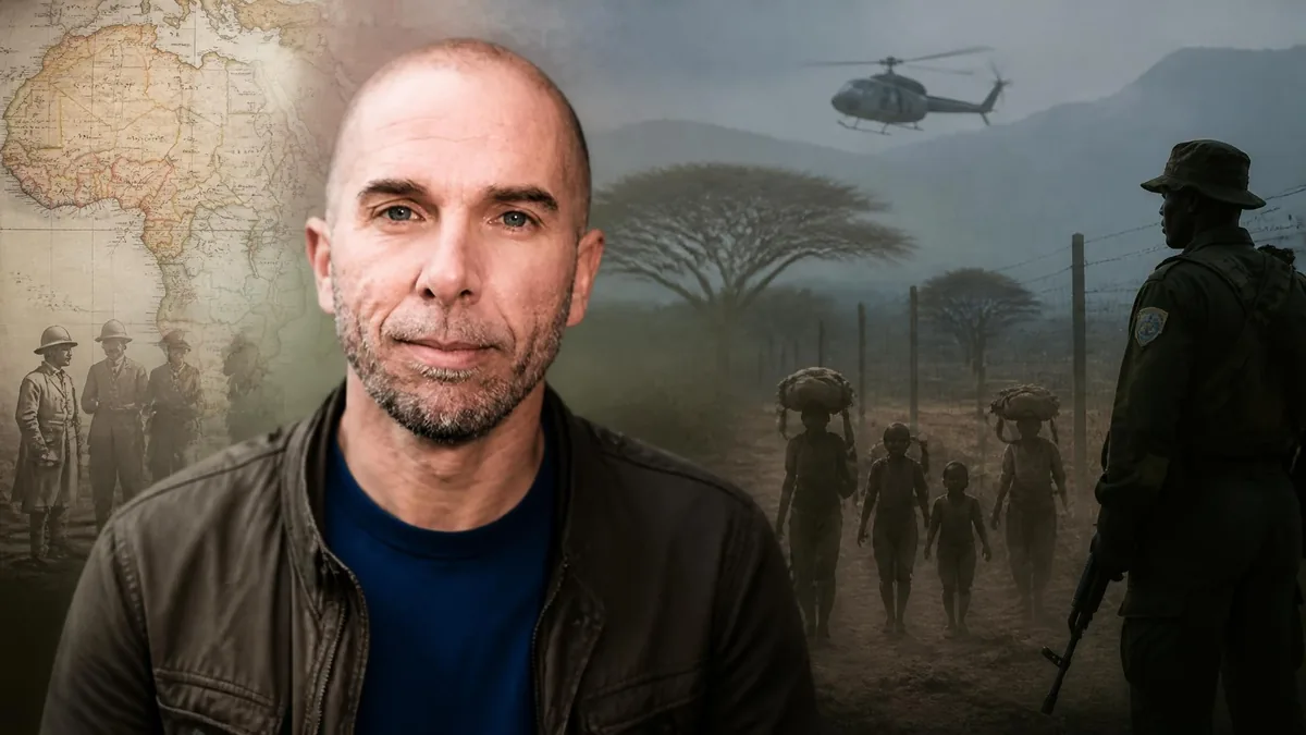 Portrait de l'historien Guillaume Blanc devant un montage évoquant le colonialisme vert en Afrique