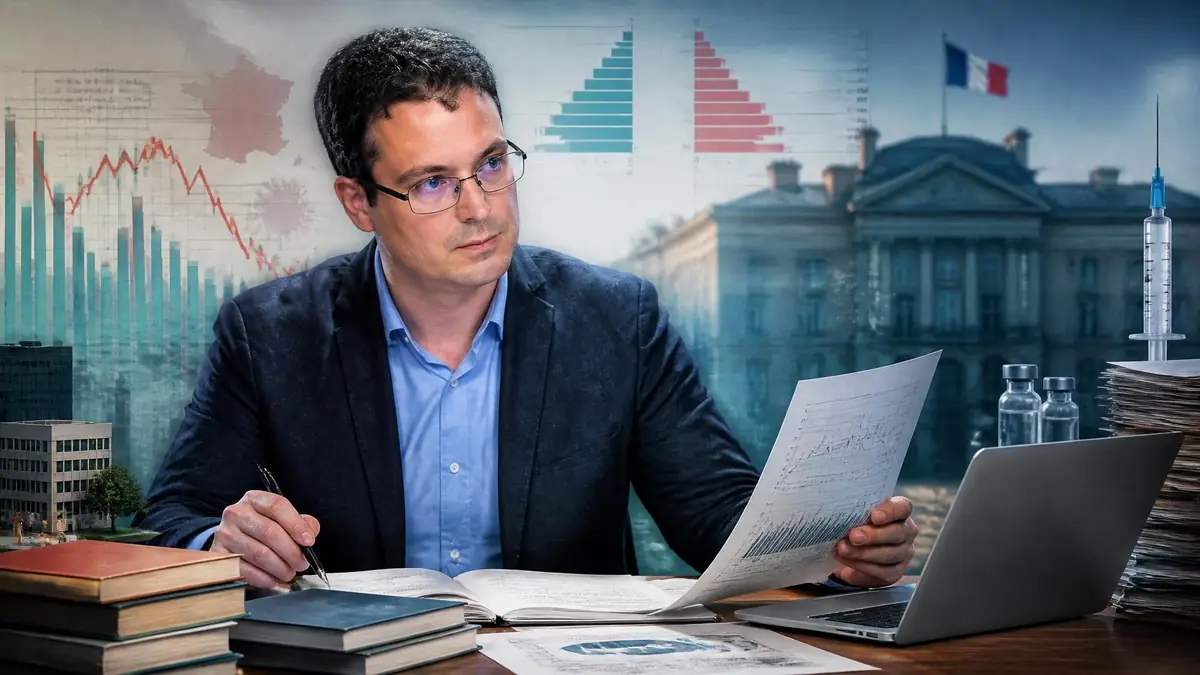 Le statisticien Pierre Chaillot travaille sur des documents et des données devant un montage illustrant son analyse
