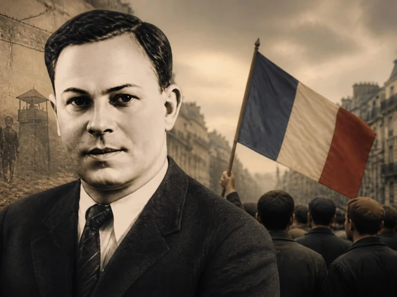 Portrait historique de Charles Michels devant une foule brandissant le drapeau français et des scènes de résistance