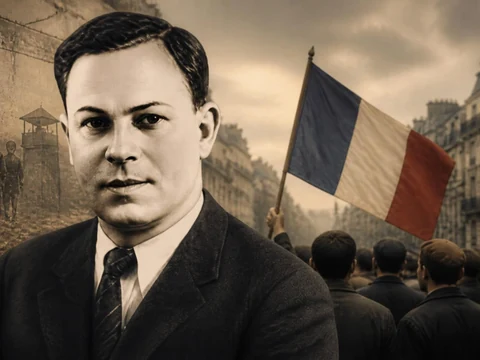 Portrait historique de Charles Michels devant une foule brandissant le drapeau français et des scènes de résistance