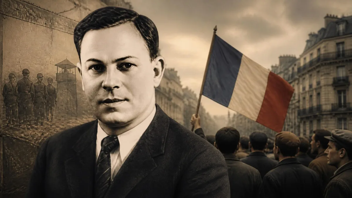 Portrait historique de Charles Michels devant une foule brandissant le drapeau français et des scènes de résistance