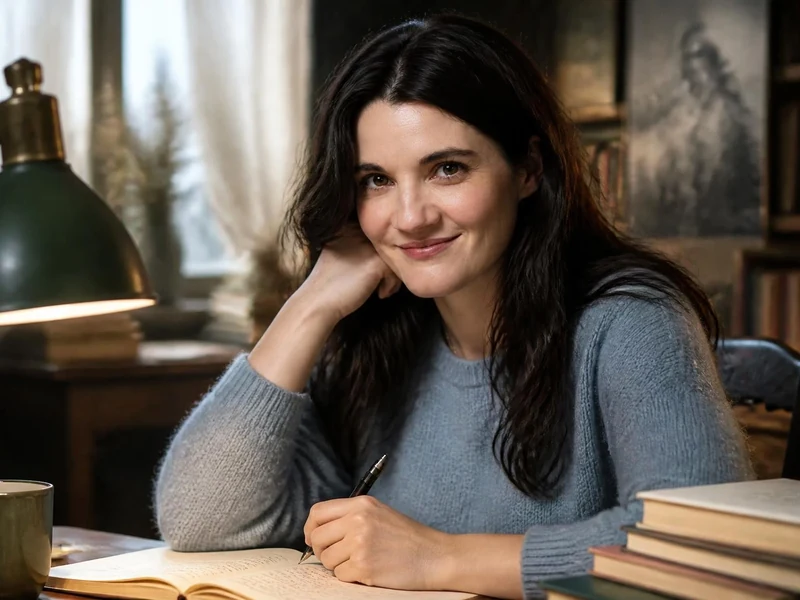 Rachel Arditi souriante assise à son bureau en train d'écrire dans un carnet sous une lampe de chevet