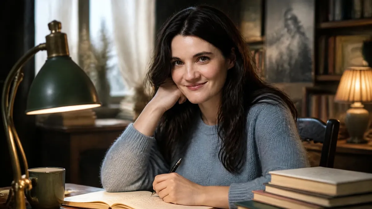 Rachel Arditi souriante assise à son bureau en train d'écrire dans un carnet sous une lampe de chevet