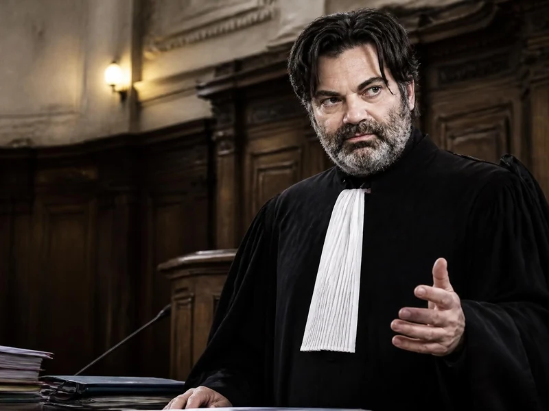 L'avocat Randall Schwerdorffer en robe noire plaidant avec sérieux dans une salle d'audience en bois